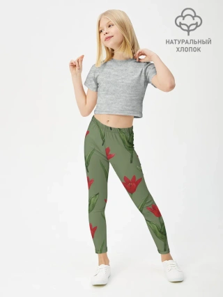 Леггинсы для девочки / Красные тюльпаны на зеленом