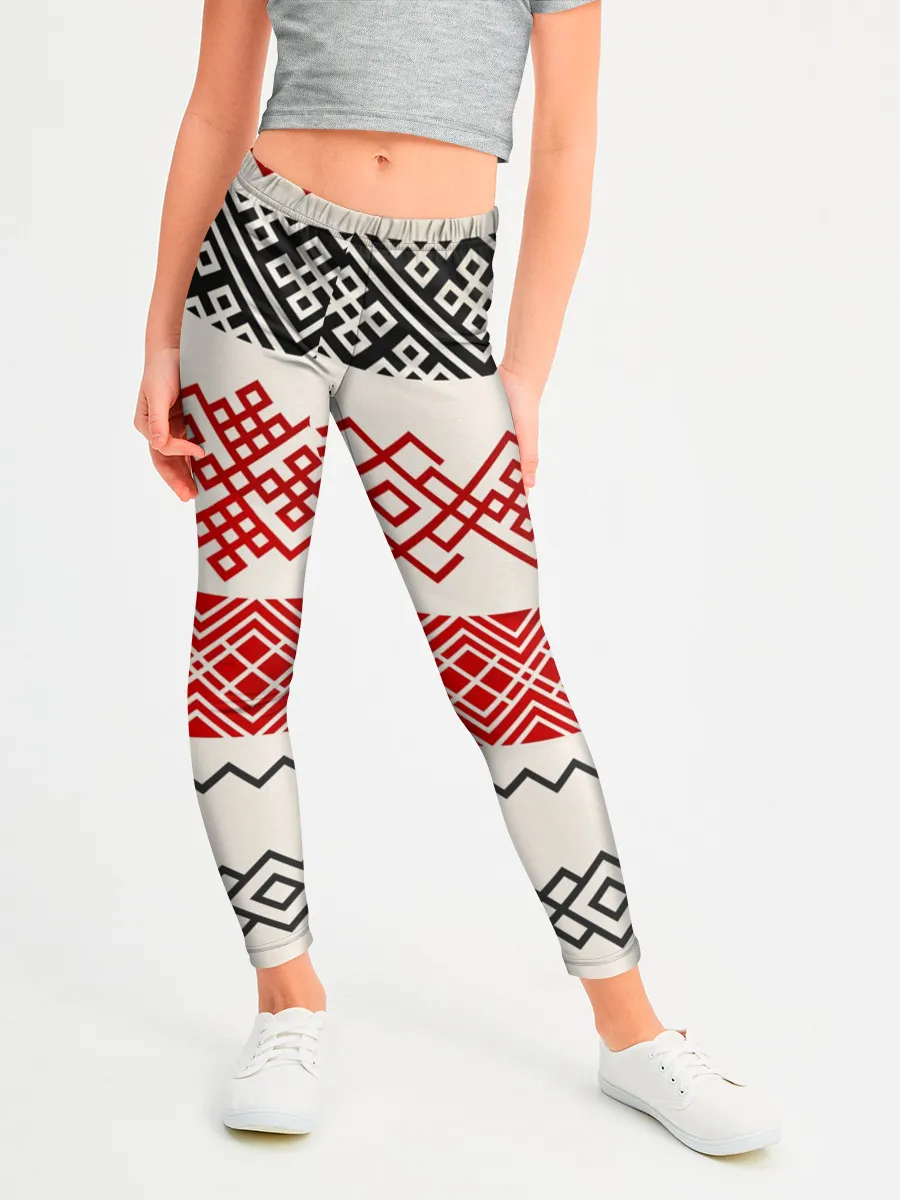 Леггинсы для девочки / Славянский узор красно-черный