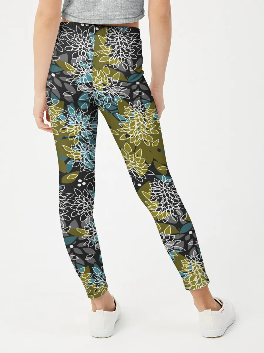 Леггинсы для девочки / Черно оливковый цветочный