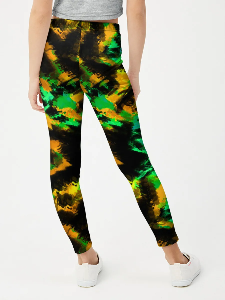 Леггинсы для девочки / Абстрактный желто-зеленый узор