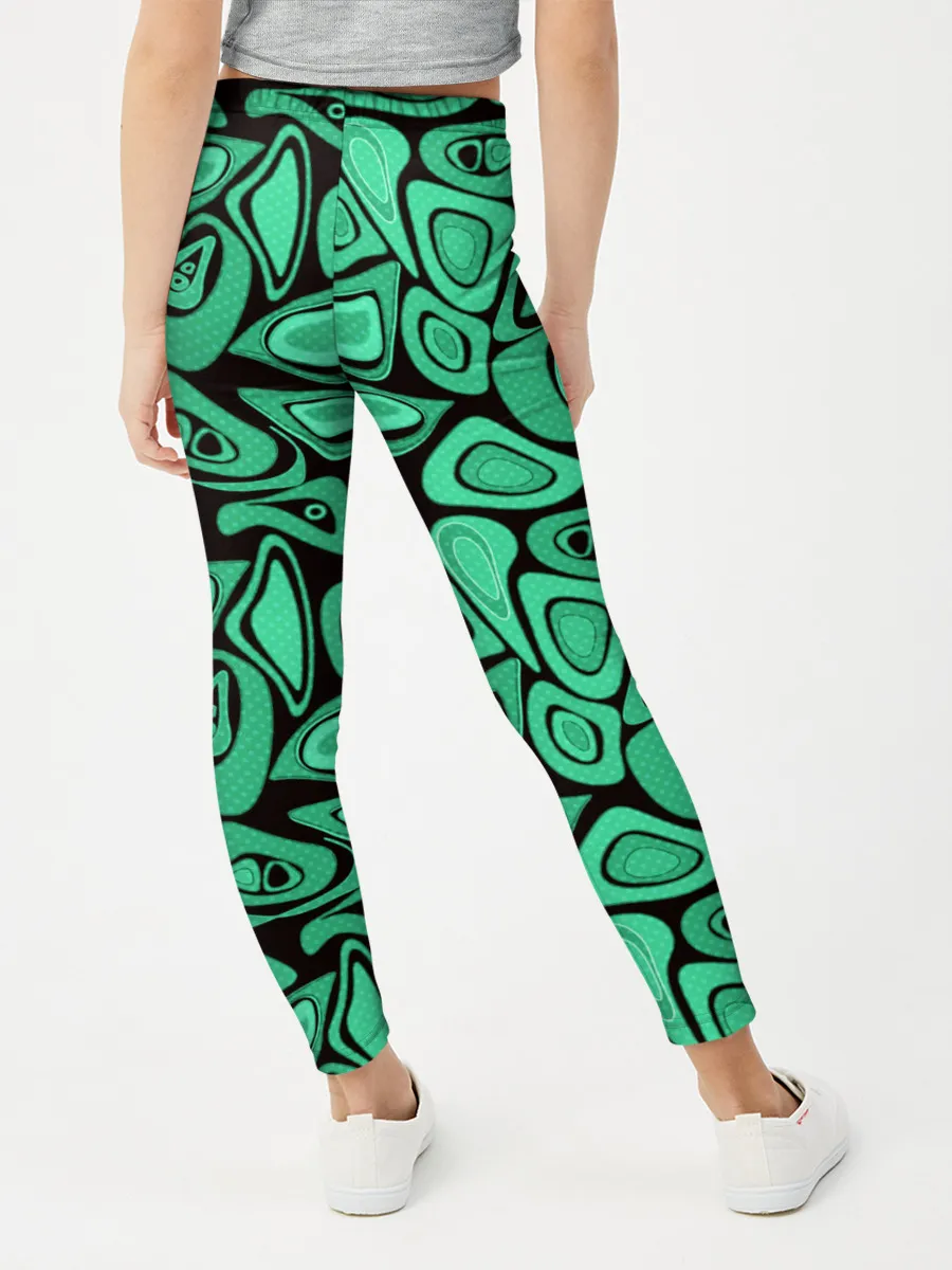 Леггинсы для девочки / Зеленый абстрактный узор