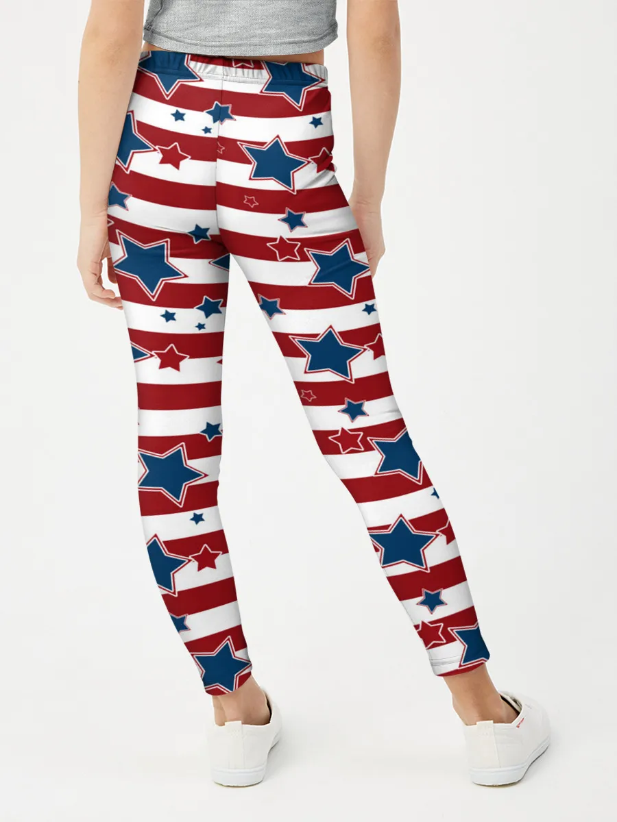 Леггинсы для девочки / Синие звезды на полосатом фоне