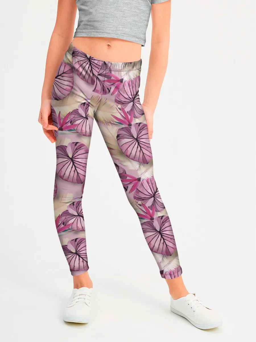 Леггинсы для девочки / Розовый тропический узор