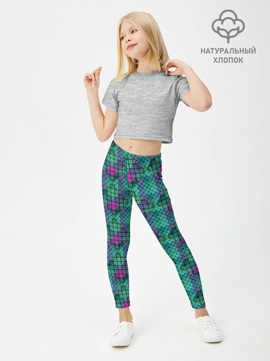 Леггинсы для девочки / Бирюзовый клетчатый узор