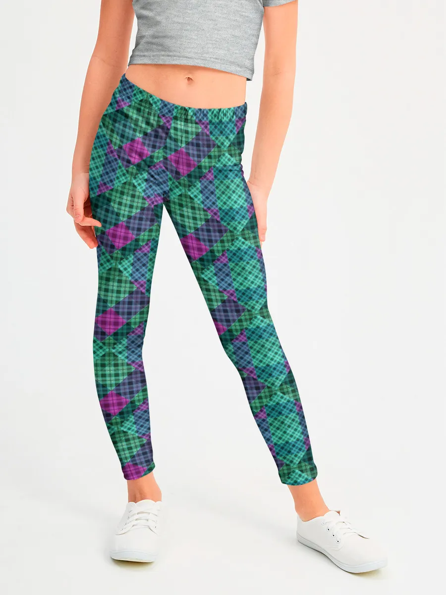 Леггинсы для девочки / Бирюзовый клетчатый узор