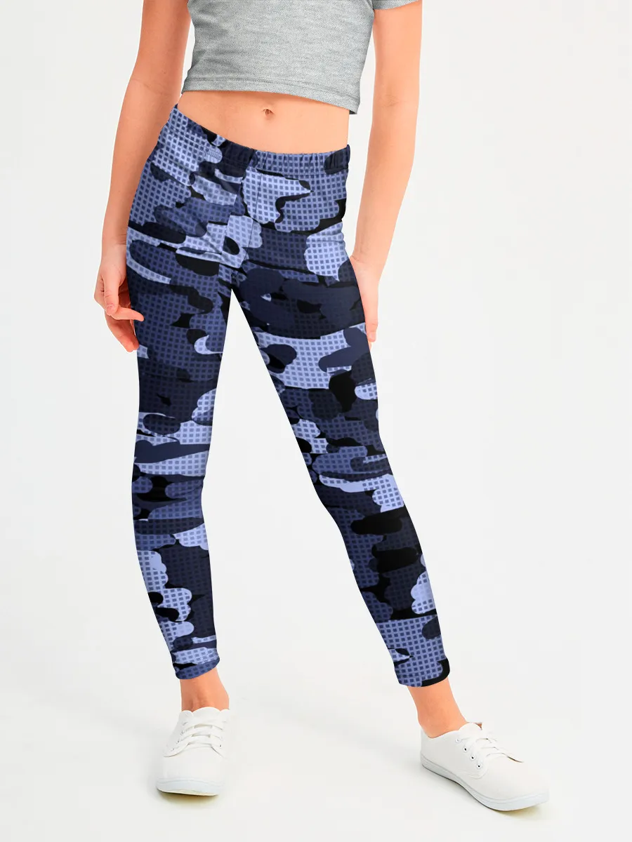 Леггинсы для девочки / Синий камуфляж в клетку