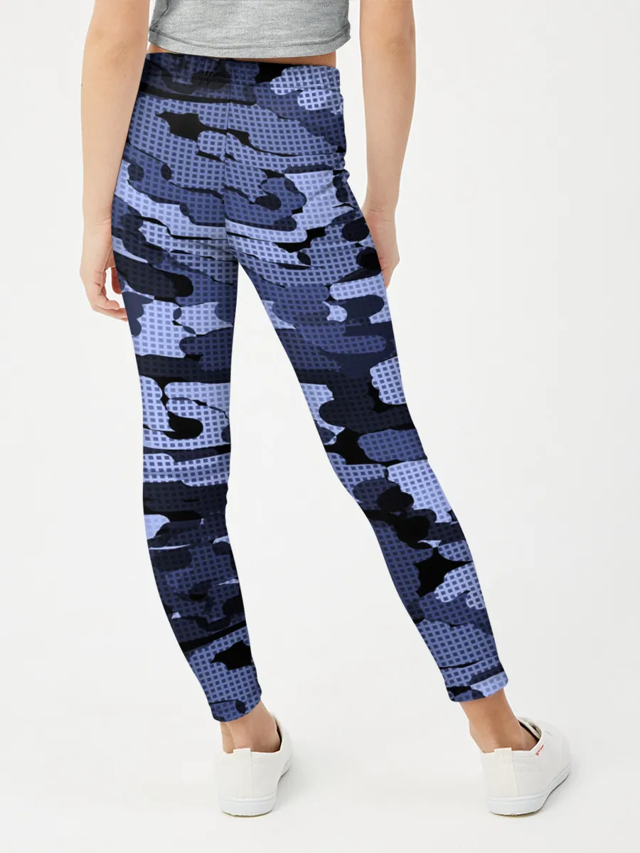Леггинсы для девочки / Синий камуфляж в клетку