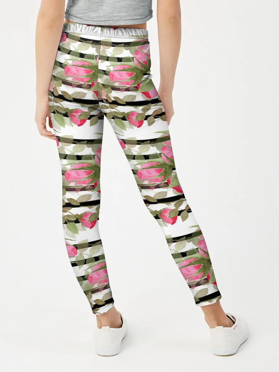 Леггинсы для девочки / Акварельные розы на полосатом