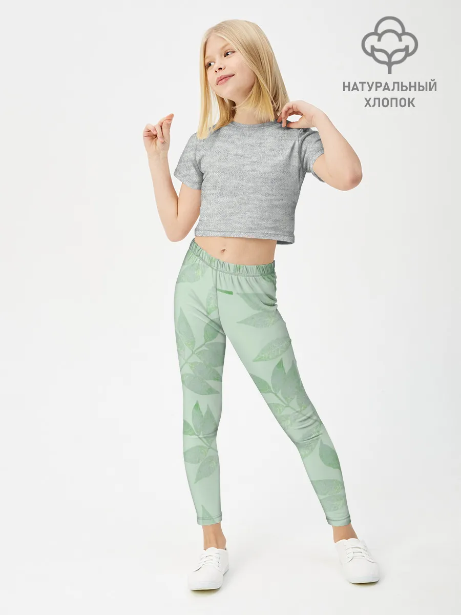 Леггинсы для девочки / Зеленые листья на светло зеленом