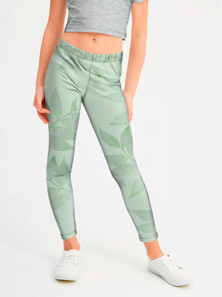 Леггинсы для девочки / Зеленые листья на светло зеленом