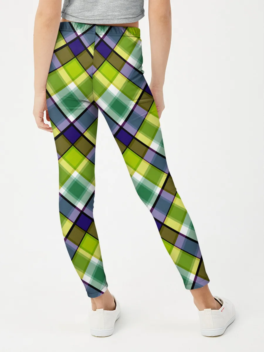 Леггинсы для девочки / Крупный клетчатый косой узор