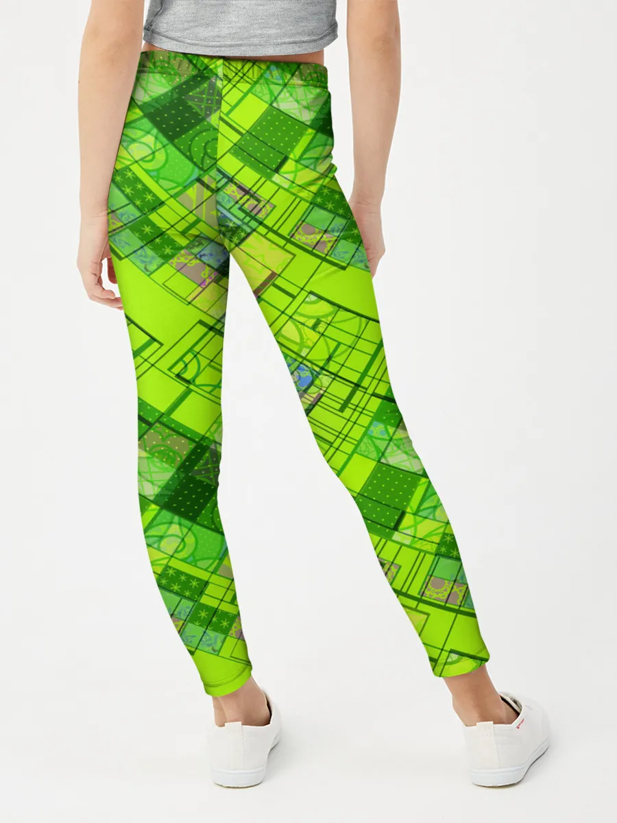 Леггинсы для девочки / Ярко-зеленый абстрактный узор