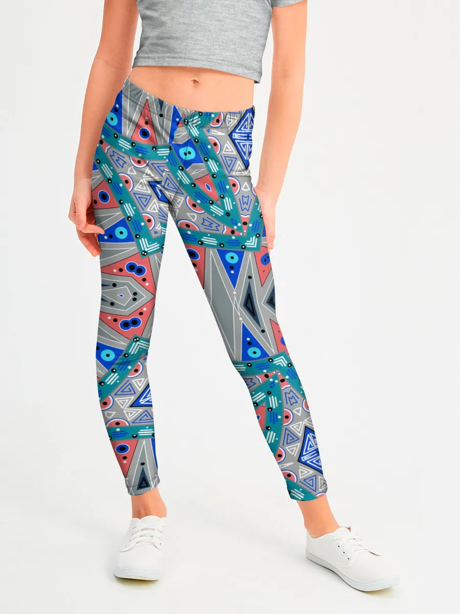 Леггинсы для девочки / Серо-синий абстрактный узор