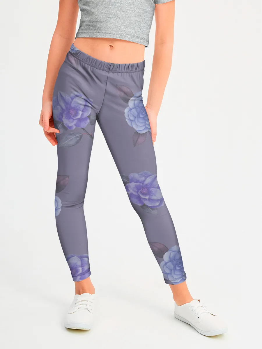 Леггинсы для девочки / Голубые камелии на сером