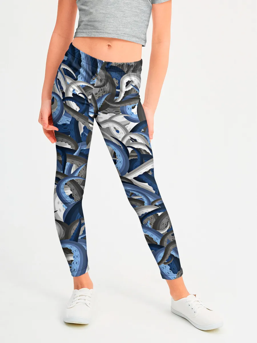 Леггинсы для девочки / Синий камуфляж с щупальцами