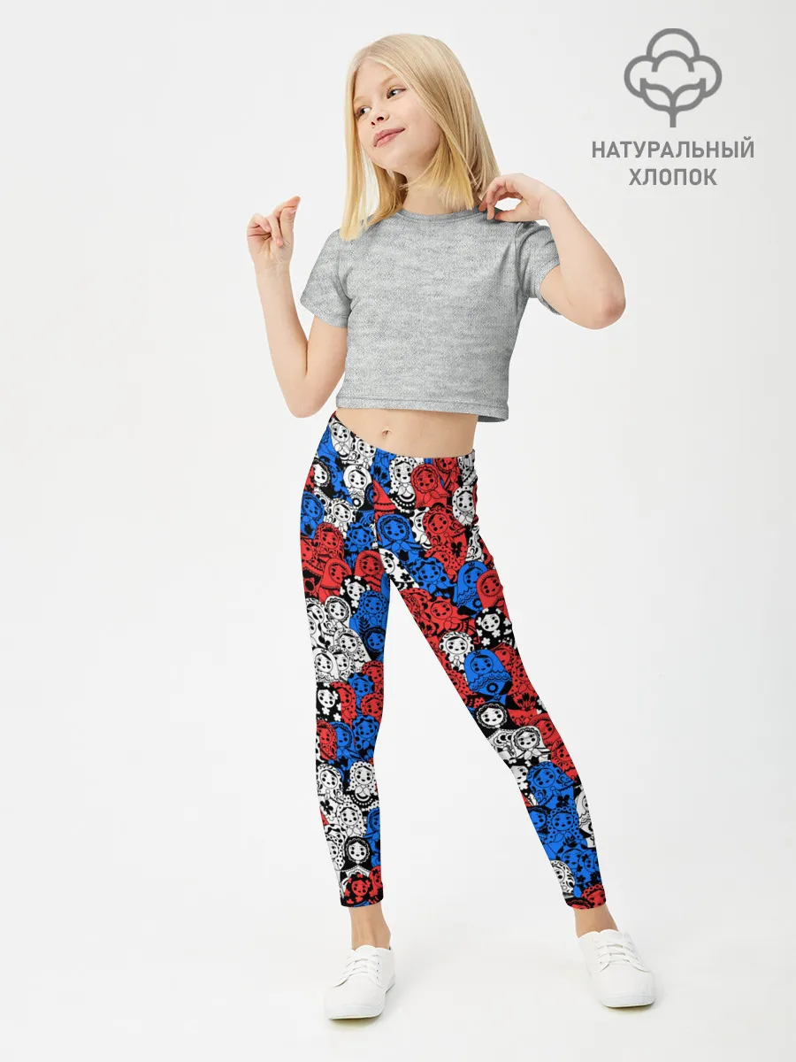 Леггинсы для девочки / Бело-сине-красные матрёшки