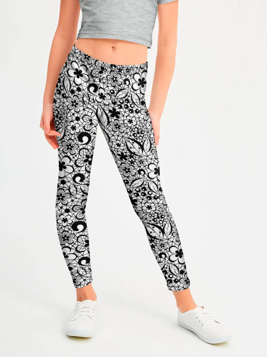Леггинсы для девочки / Черное кружево цветочное