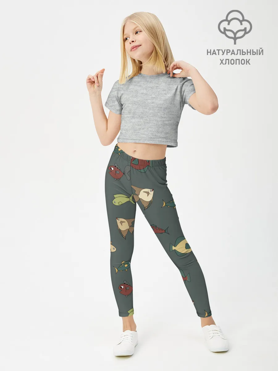 Леггинсы для девочки / Морские рыбки на зеленом фоне