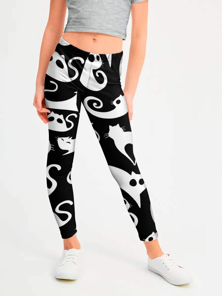 Леггинсы для девочки / Белые коты на черном фоне