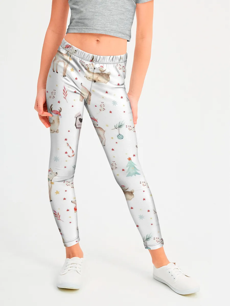 Леггинсы для девочки / Паттерн с оленями и медведями