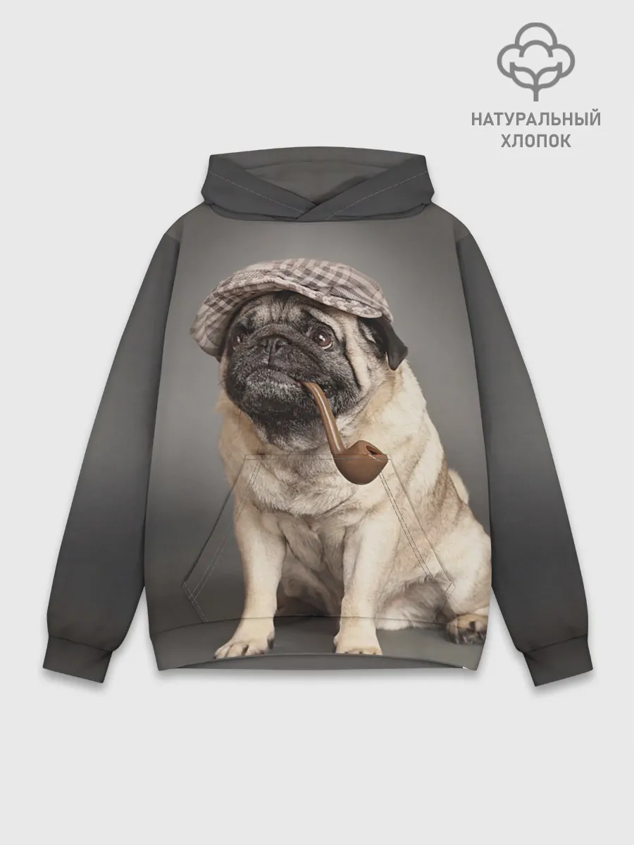 Худи мужской база хлопок / Мопс в кепке