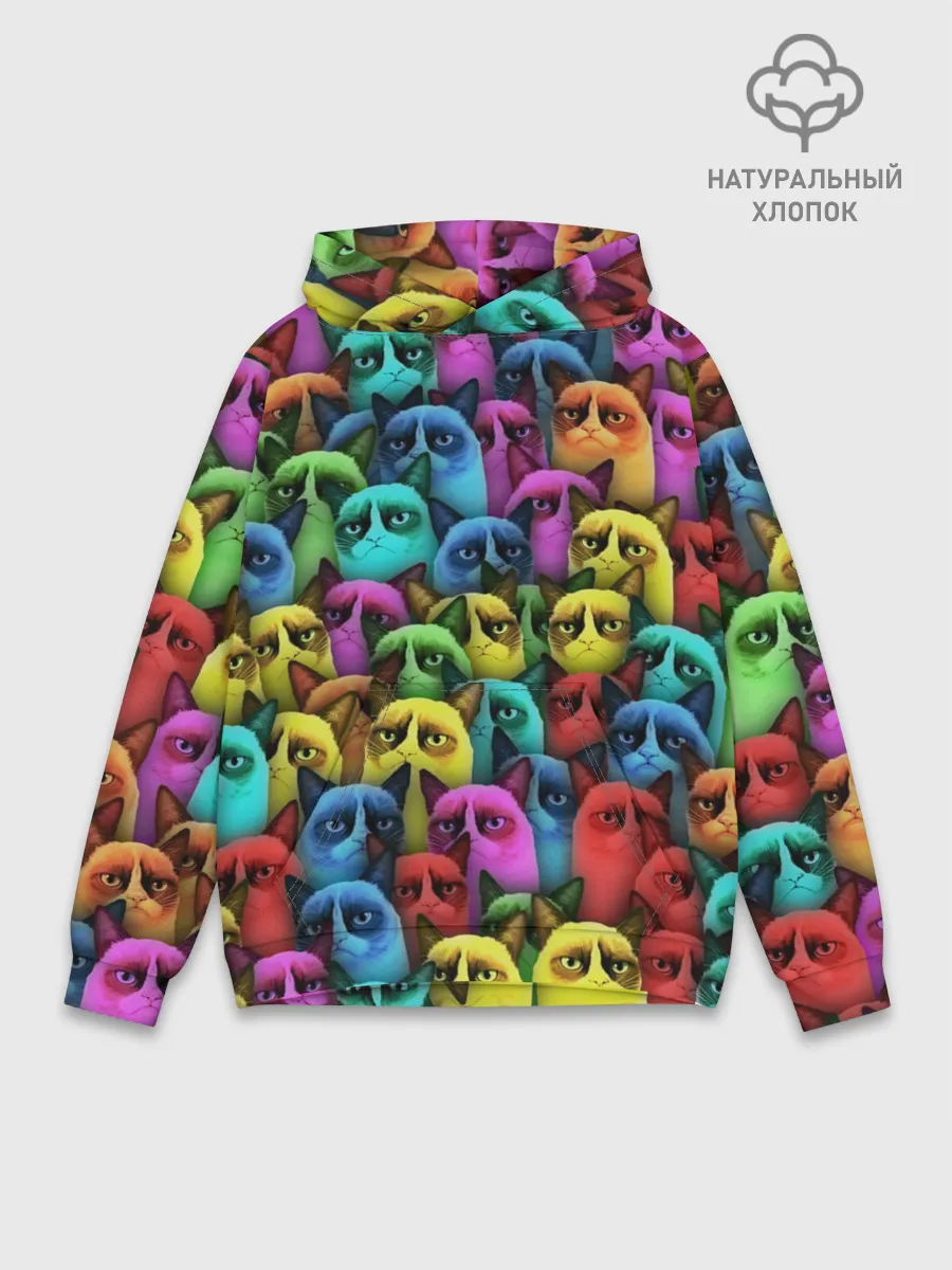 Худи мужской база хлопок / Разноцветные сердитые коты