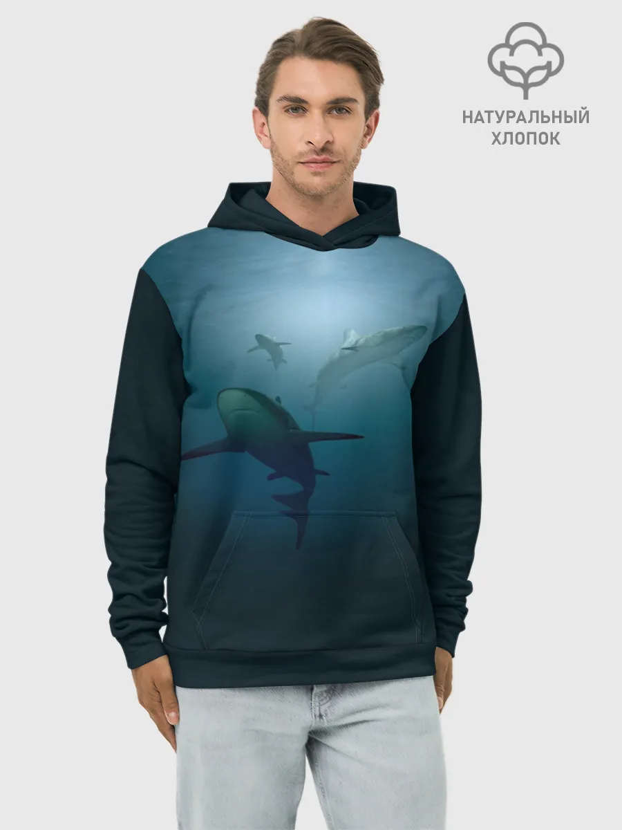 Худи мужской база хлопок / Акулы