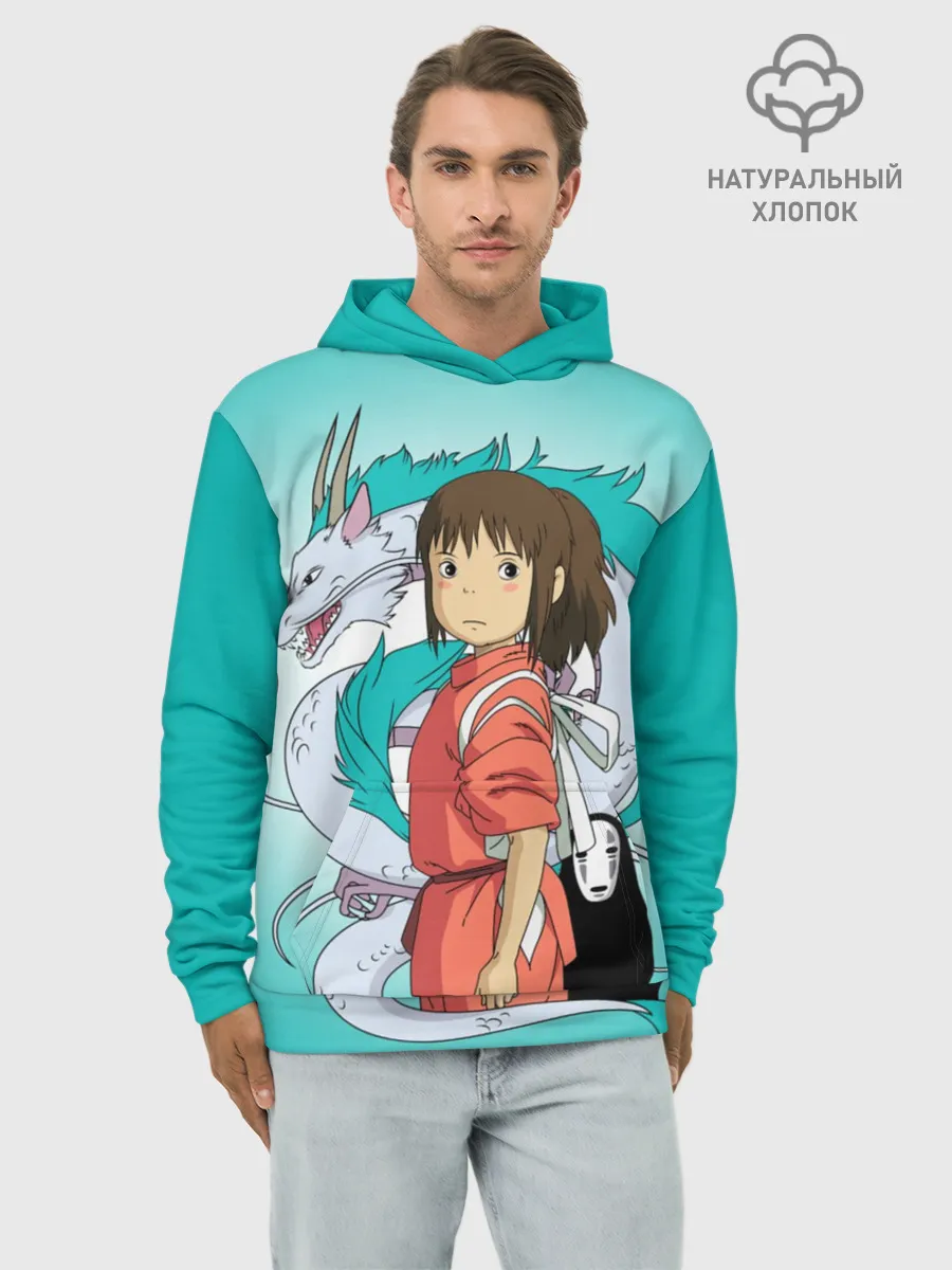 Худи мужской база хлопок / Тихиро и Хаку зеленый фон