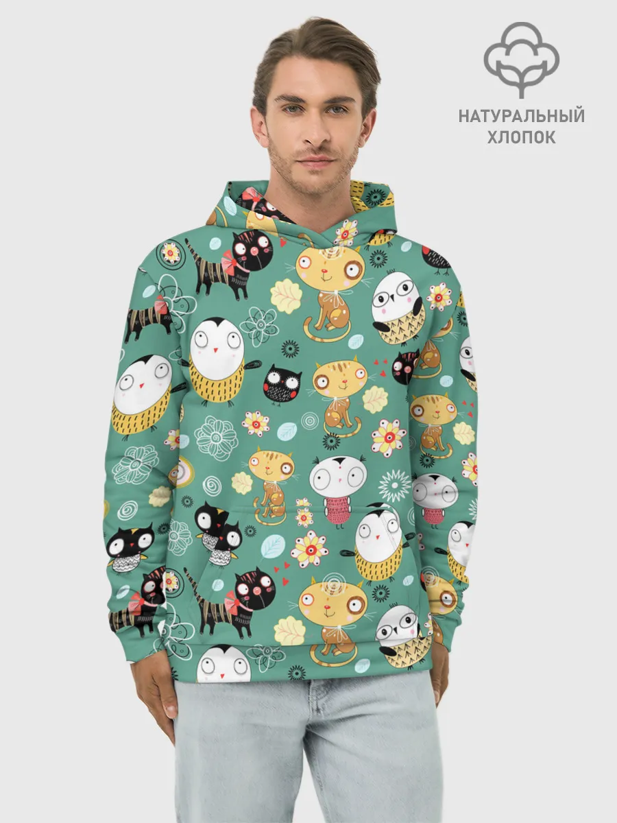 Худи мужской база хлопок / Совы и котики