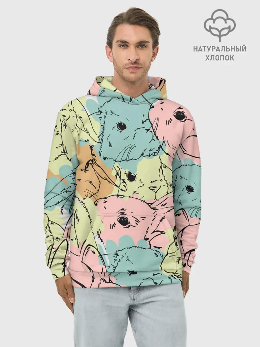 Худи мужской база хлопок / Акварельные Зайки