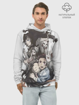 Худи мужской база хлопок / Kimetsu no Yaiba на сером