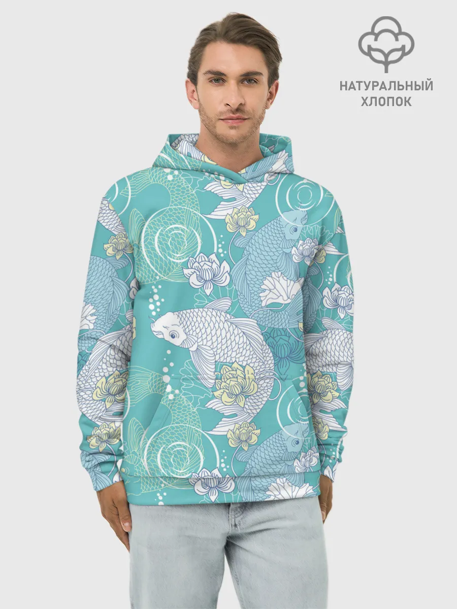 Худи мужской база хлопок / Карпы Кои