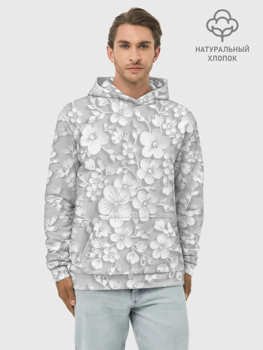 Худи мужской база хлопок / Белые цветы