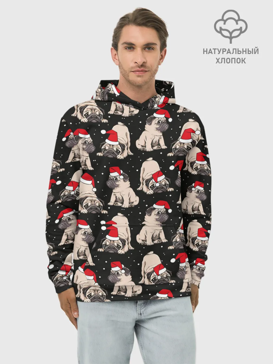 Худи мужской база хлопок / Новогодние мопсы