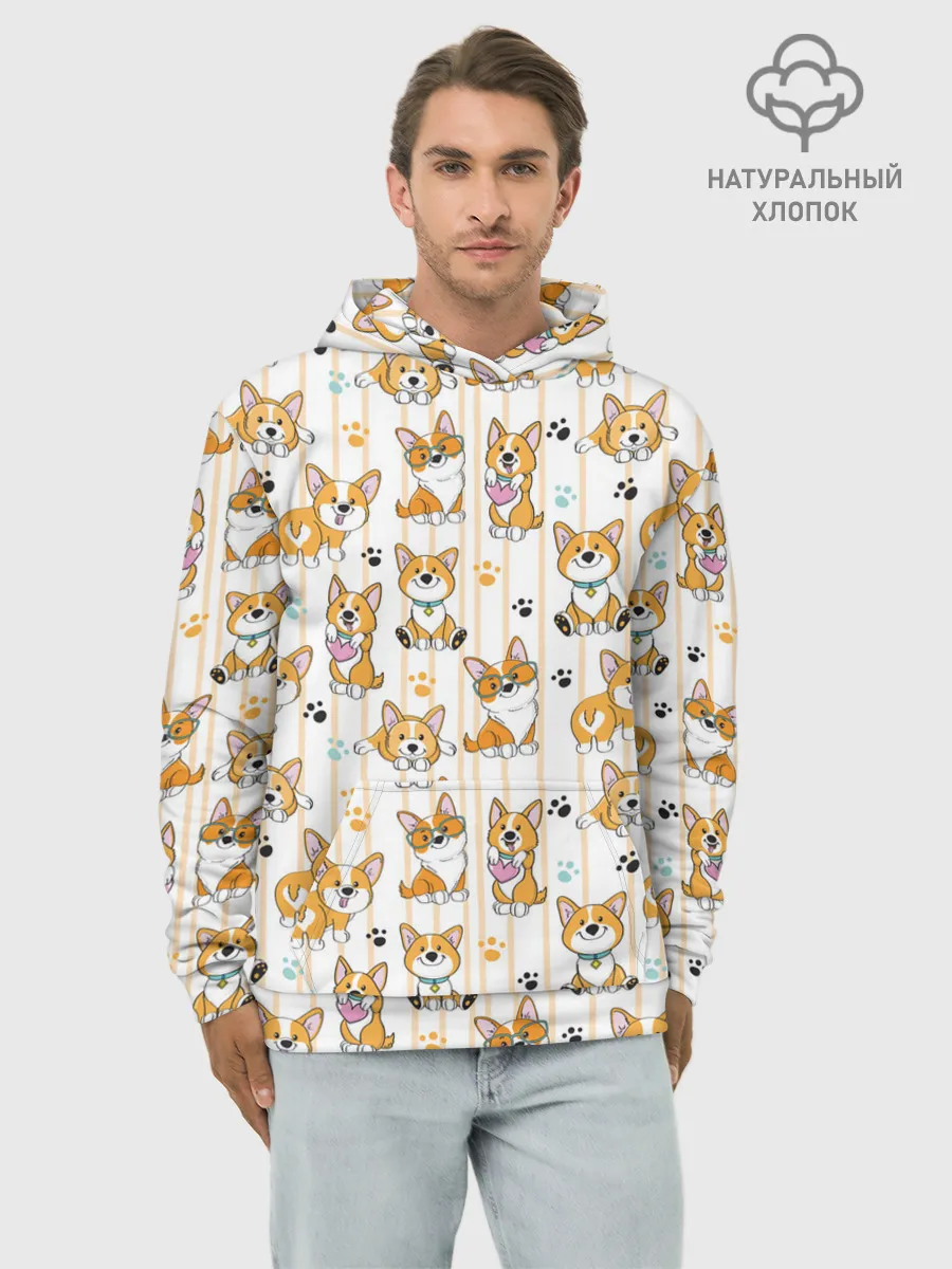 Худи мужской база хлопок / Вельш корги пемброк