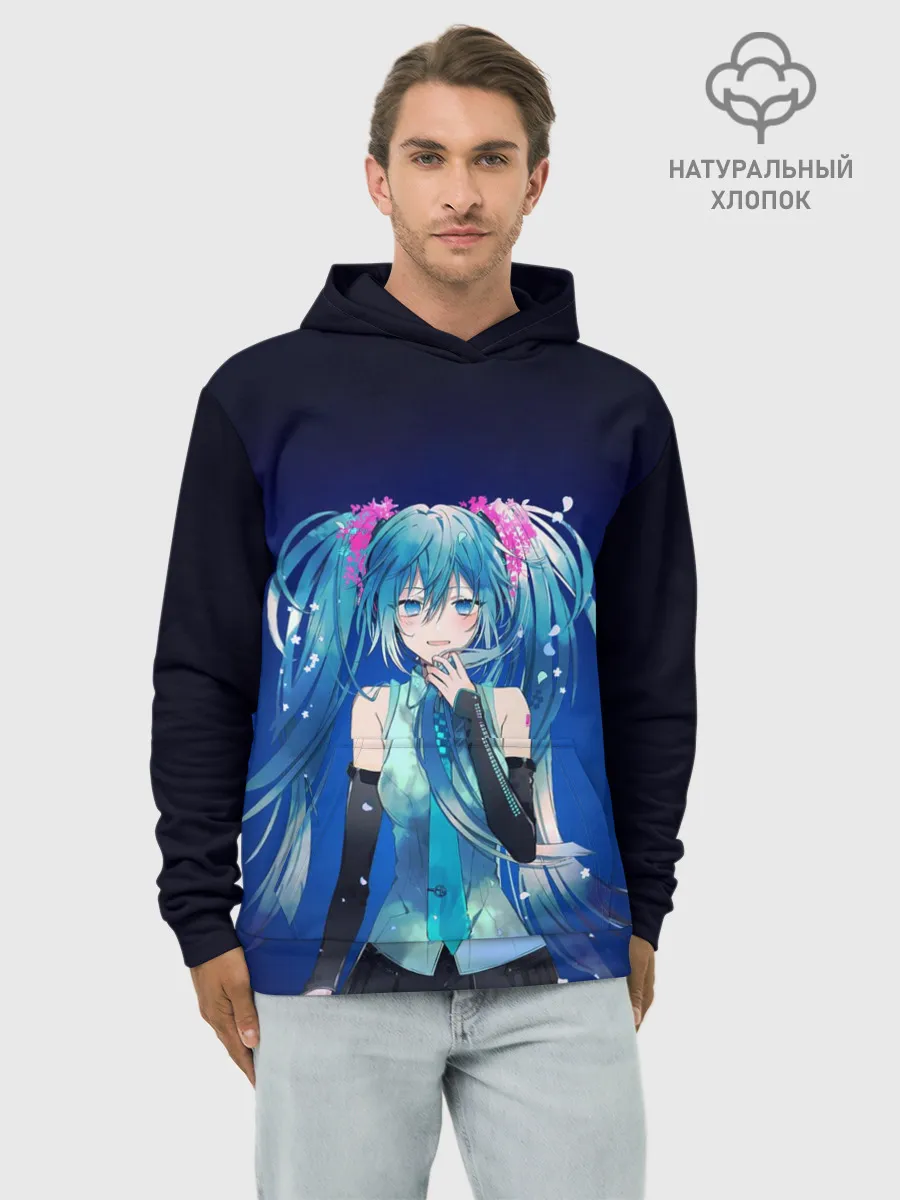 Худи мужской база хлопок / Hatsune Miku на черном фоне