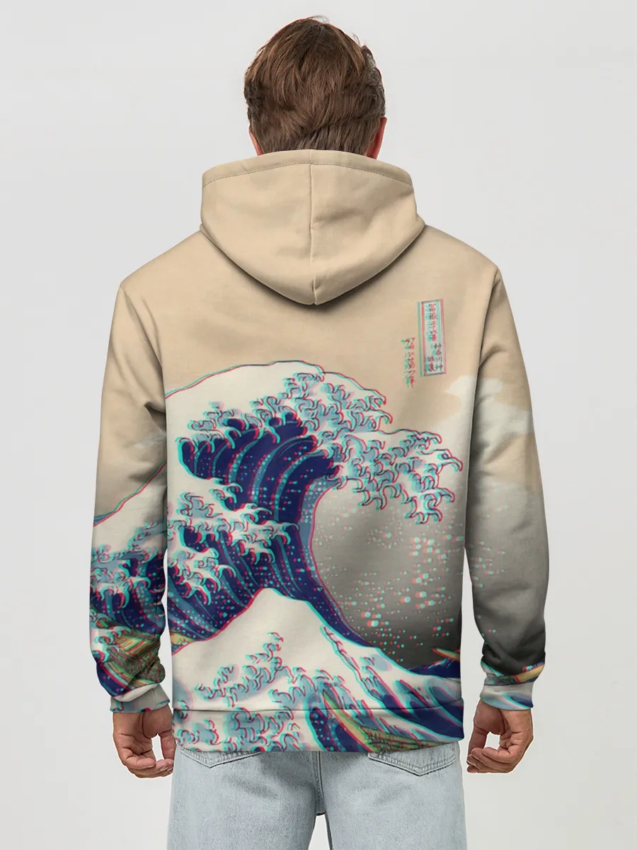 Худи мужской база хлопок / Kanagawa Wave Glitch Art