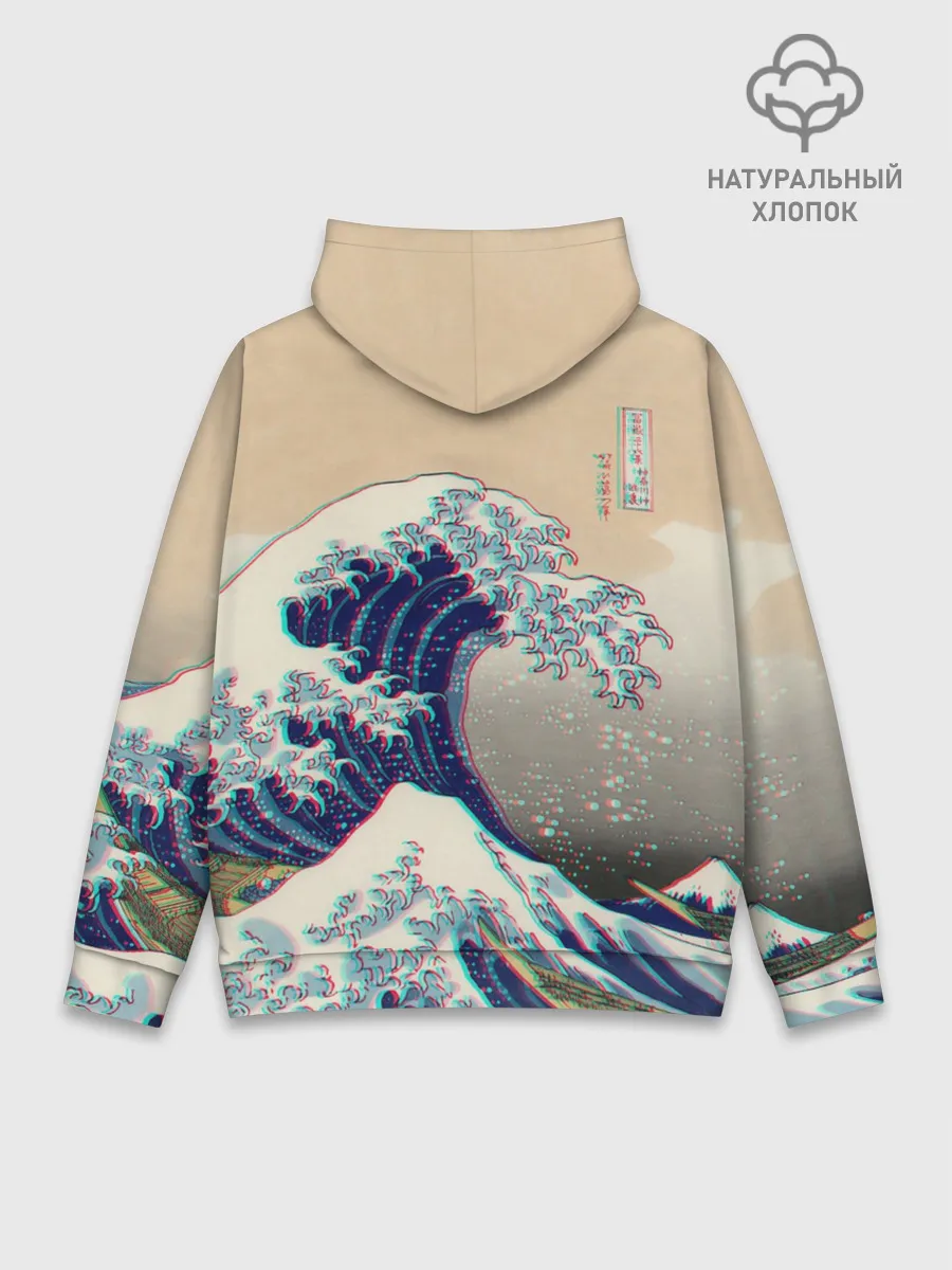 Худи мужской база хлопок / Kanagawa Wave Glitch Art