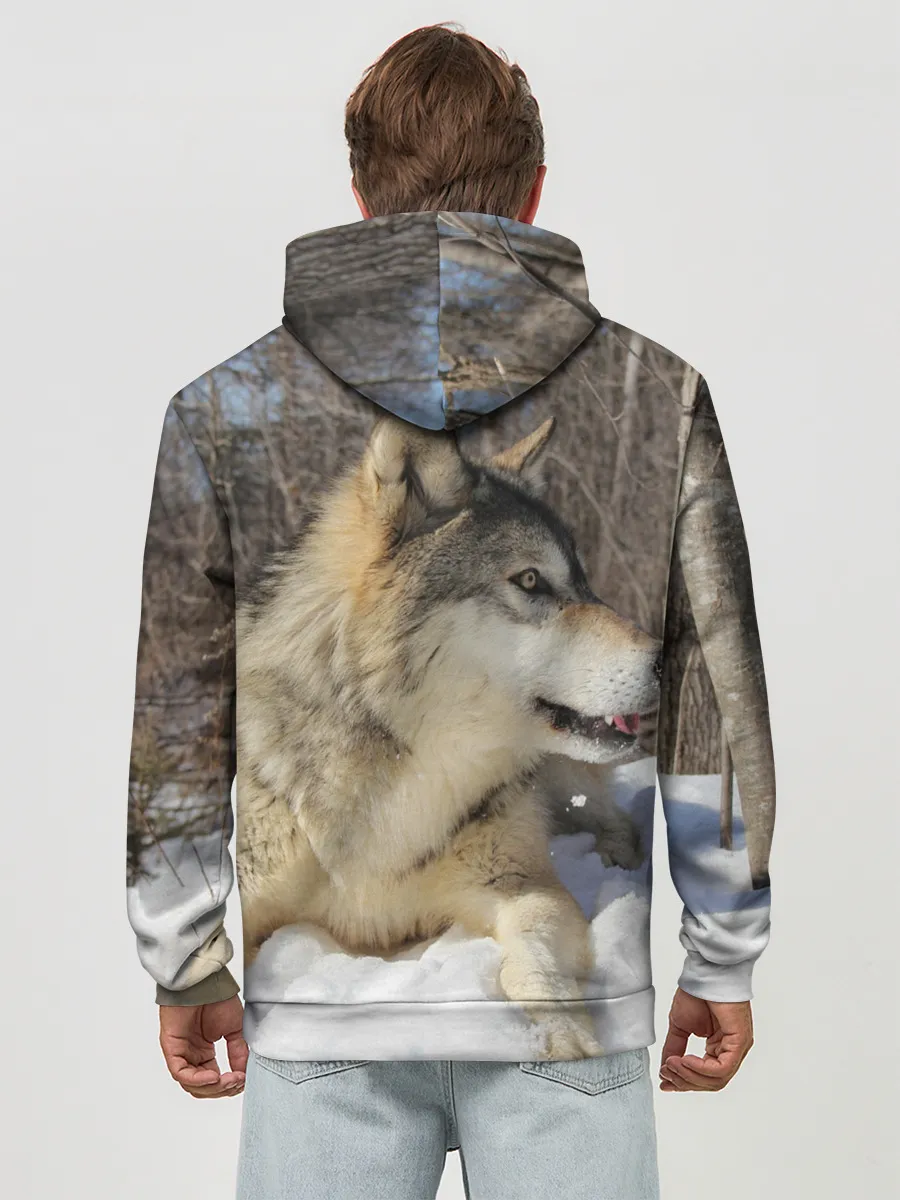 Худи мужской база хлопок / Волк лежит на снегу