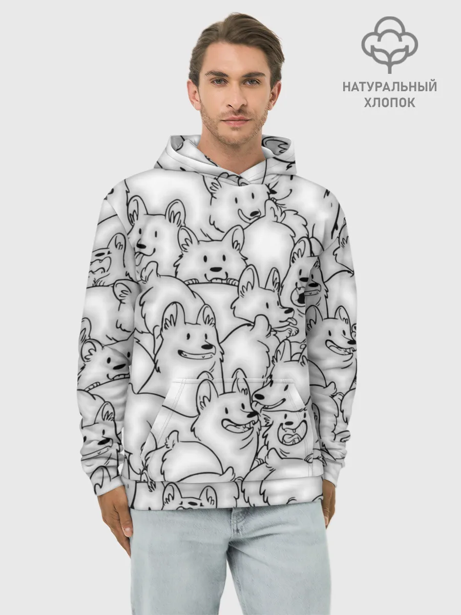 Худи мужской база хлопок / Корги ЧБ