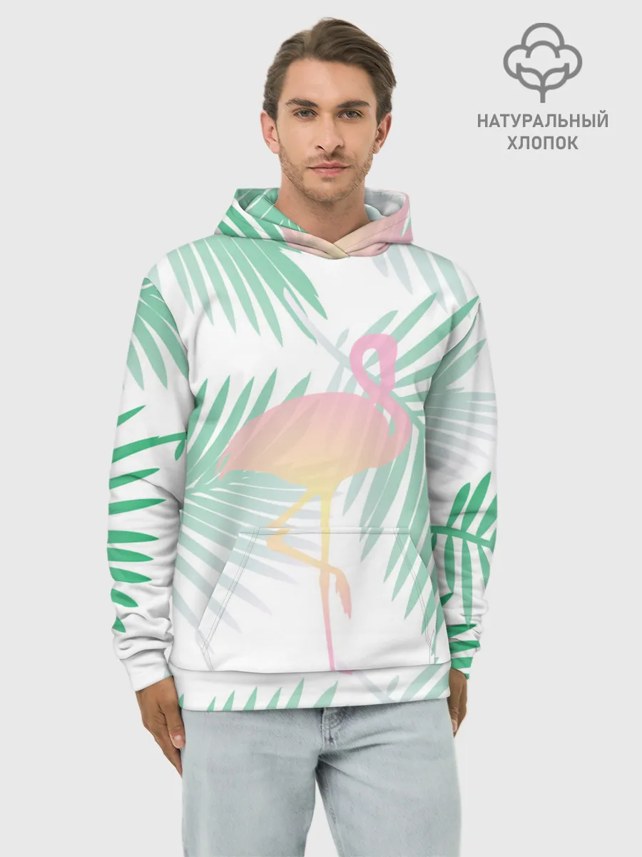 Худи мужской база хлопок / Фламинго в джунглях