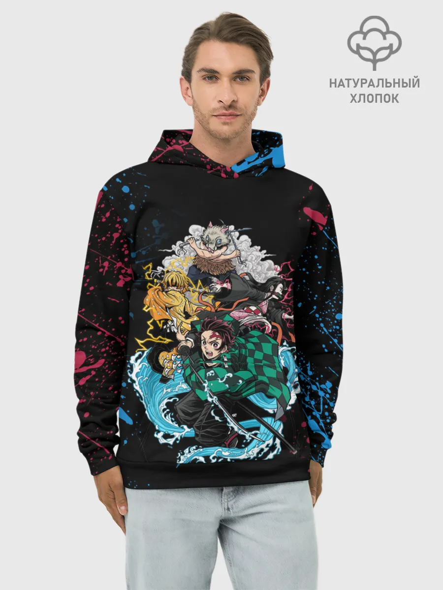 Худи мужской база хлопок / Kimetsu no yaiba красносиние брызги