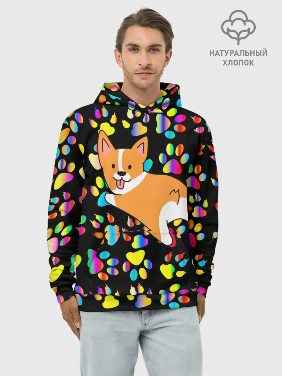 Худи мужской база хлопок / Корги | Цветные лапки