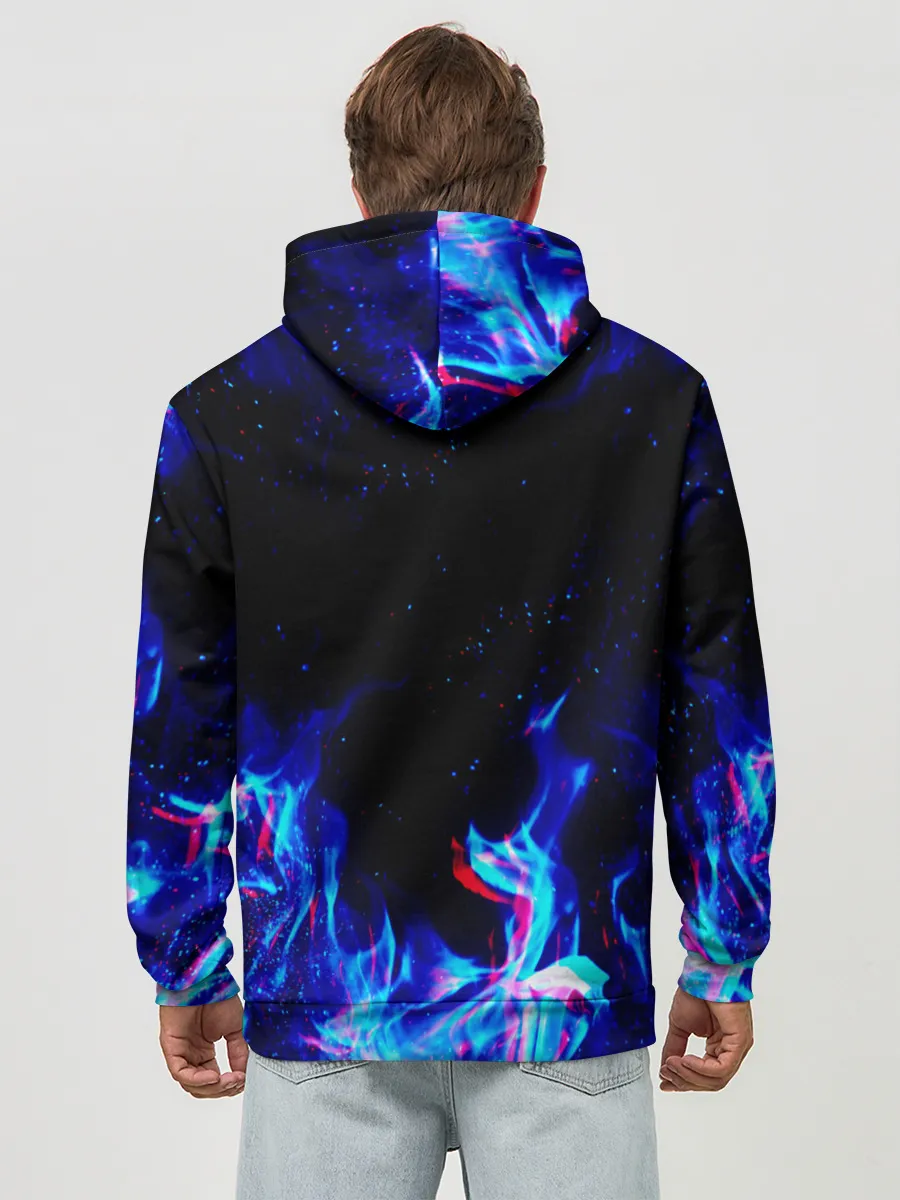 Худи мужской база хлопок / СИНИЙ ОГОНЬ ГЛИТЧ | BLUE FIRE GLITCH
