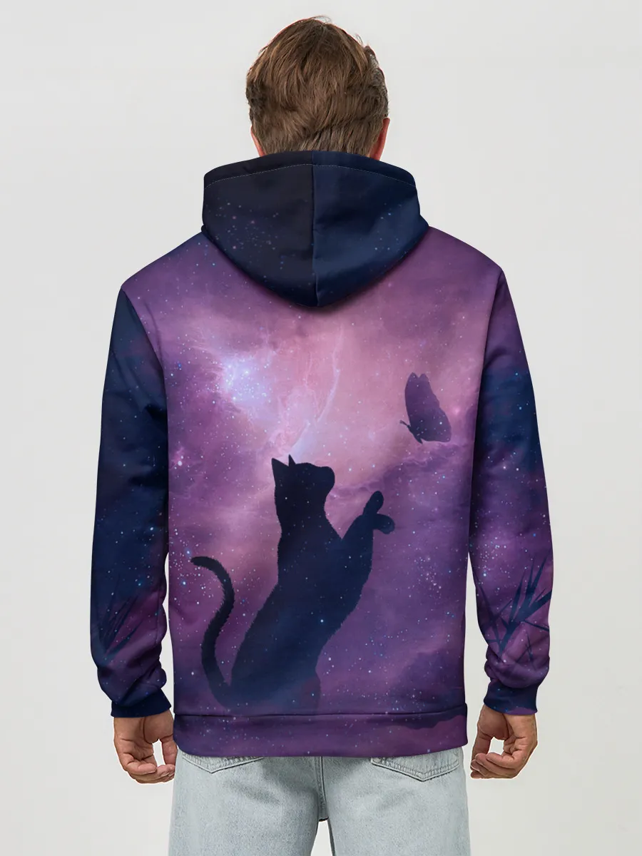 Худи мужской база хлопок / Бабочка кот силуэт фиолетовый