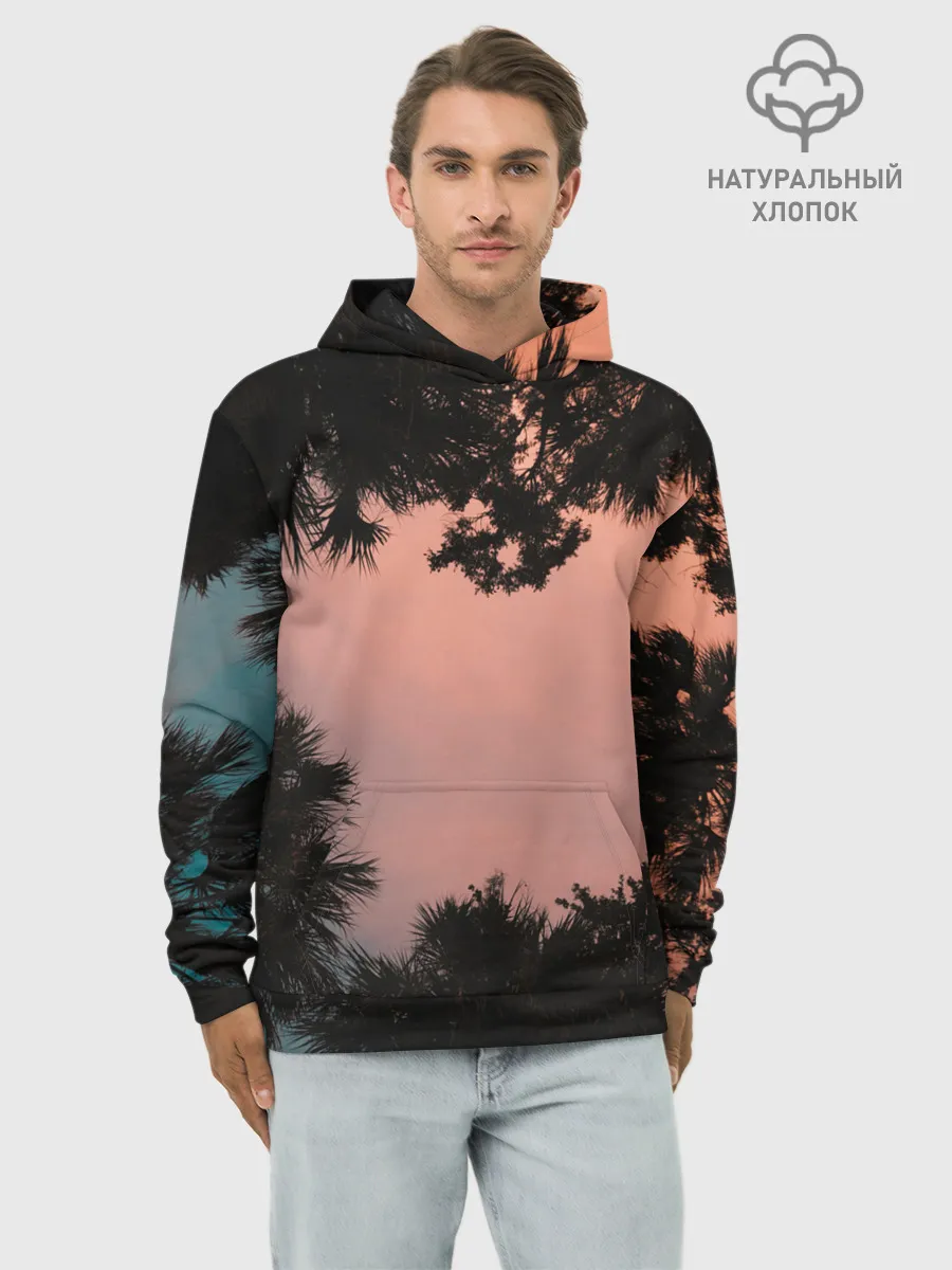 Худи мужской база хлопок / Пальмы вид снизу закат