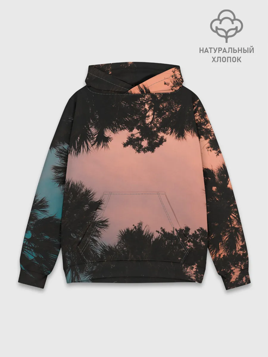 Худи мужской база хлопок / Пальмы вид снизу закат