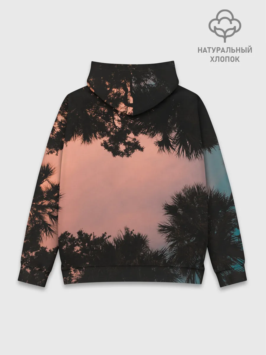 Худи мужской база хлопок / Пальмы вид снизу закат