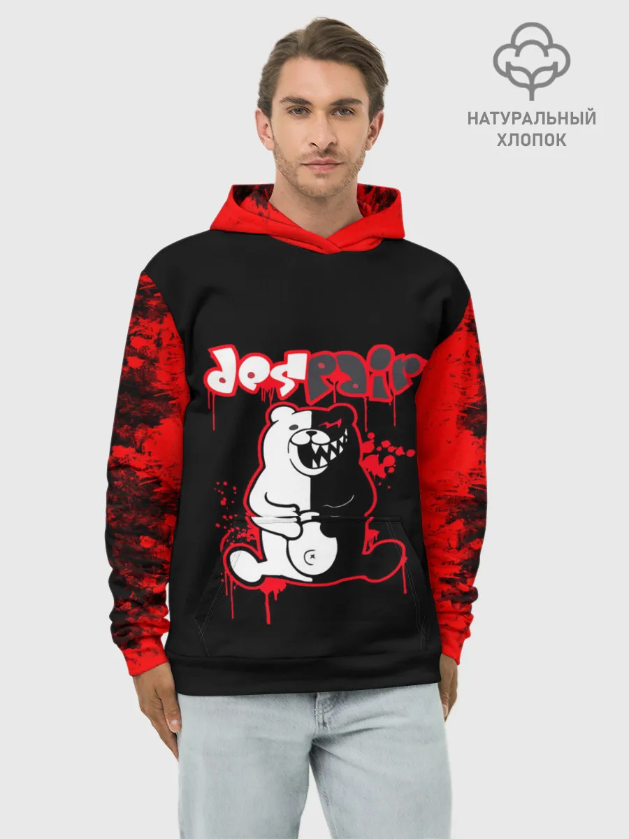 Худи мужской база хлопок / monokuma красные потертости