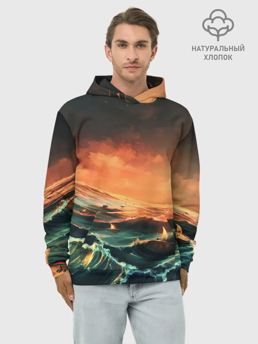 Худи мужской база хлопок / Фэнтези море корабли закат